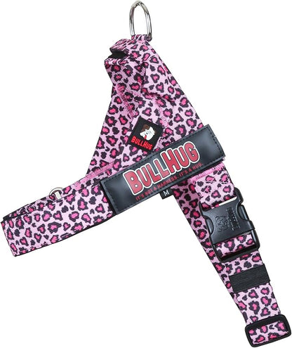 BULLHUG Adjustable Dog Harness– No Pull, No Choke – for English Bulldogs, French Bulldogs, Pugs & Broad-Chested Breeds – Easy, Safe Walks (Leopard Pink, Small)