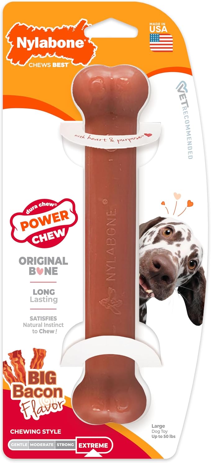 Nylabone Power Chew Classic Bone Chew Toy for Dogs, Durable Dog Toys for Aggressive Chewers, Bacon Flavor, Large/Giant - Up to 50 lbs. (1 Count)