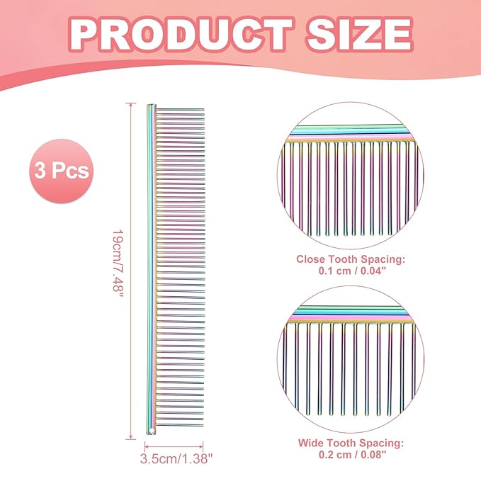 PETAXCELL Dog Cat Comb, Pet Combs Stainless Steel Teeth with Rounded Ends for Knots Mats Loose Hair Removal, 7.5IN (Colorful Plated, 3 Pack), Grooming Tool Intended for Long Curly Hair Pet