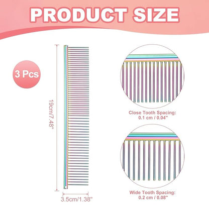 PETAXCELL Dog Cat Comb, Pet Combs Stainless Steel Teeth with Rounded Ends for Knots Mats Loose Hair Removal, 7.5IN (Colorful Plated, 3 Pack), Grooming Tool Intended for Long Curly Hair Pet