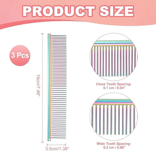 PETAXCELL Dog Cat Comb, Pet Combs Stainless Steel Teeth with Rounded Ends for Knots Mats Loose Hair Removal, 7.5IN (Colorful Plated, 3 Pack), Grooming Tool Intended for Long Curly Hair Pet