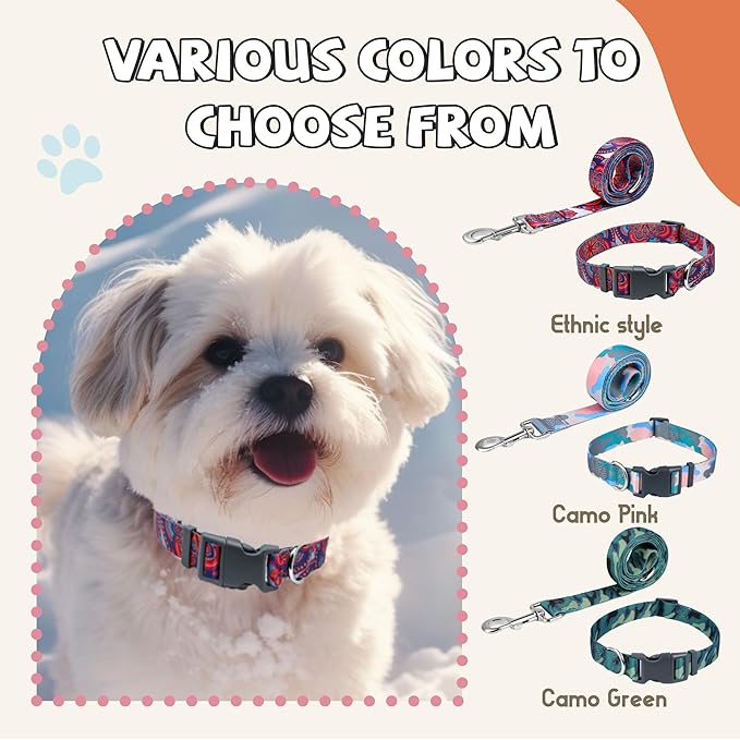 Print Patterned Dog Collar Leash Set, Adjusted Quick-Release Plastic Buckles and Heavy-Duty Steel D-Ring Nylon Collar Leash Set Strong Durable, Green Camo,M