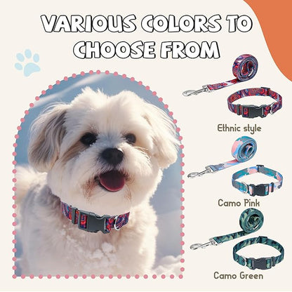 Print Patterned Dog Collar Leash Set, Adjusted Quick-Release Plastic Buckles and Heavy-Duty Steel D-Ring Nylon Collar Leash Set Strong Durable, Green Camo,S