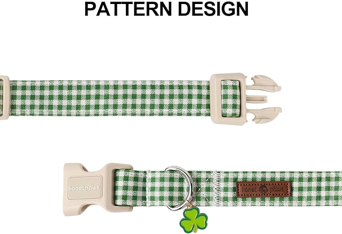 Lionet Paws St. Patrick Dog Collar, Comfortable Adjustable Green Collar with Green and White Grid Pattern for X-Large Male Female Dogs Collars, Neck 16-26 inches
