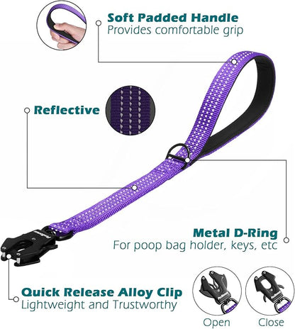 PetBonus Heavy Duty Short Dog Leash, 18 Inch Nylon Traffic Leash with Quick Release Clip, Comfortable Padded Handle, Reflective Training Lead for Medium Large Dogs (Purple, 18")