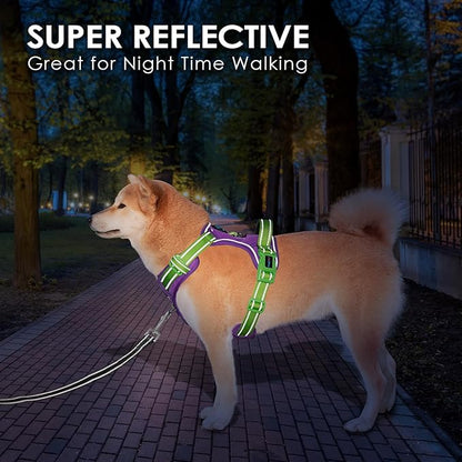 PHOEPET No Pull Dog Harness, Unique Colors Reflective Adjustable Dog Vest, with Soft Training Handle Metal Clips for Small Medium Large Dogs (Purple Base & Green Straps,XL)