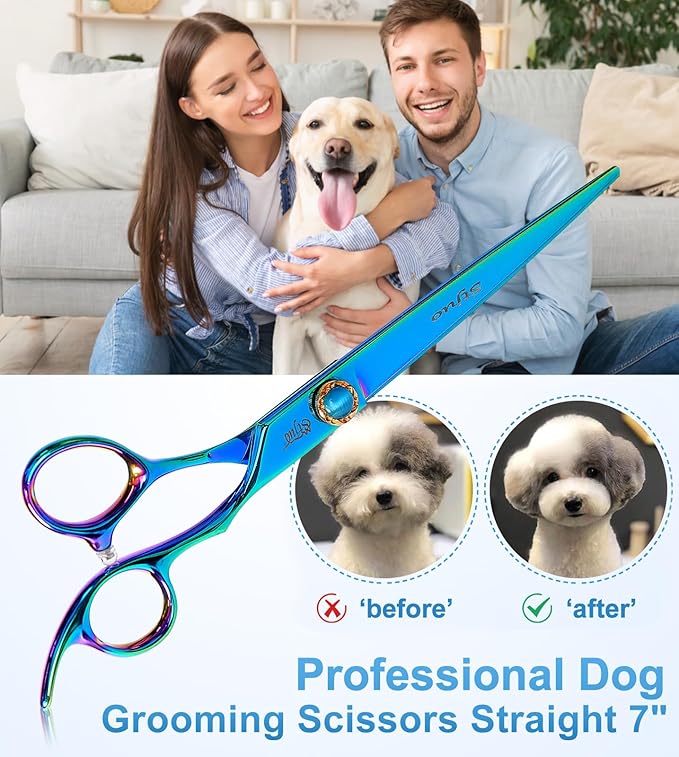 Stjuo 7.5'' Dog Straight Scissors for Grooming 440C Stainless Steel Green Professional Pet Trimming Scissors Sharp Blades Cutting for Dogs and Cats Shears