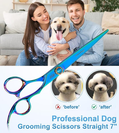 Stjuo 7.5'' Dog Straight Scissors for Grooming 440C Stainless Steel Green Professional Pet Trimming Scissors Sharp Blades Cutting for Dogs and Cats Shears