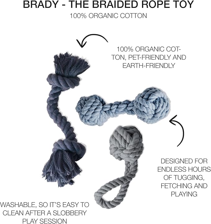 Brady The Rope Tug Toy 3-Pack Organic Cotton Dog Rope Pull Toys for All Pet Breeds, Navy Ombre, One Size