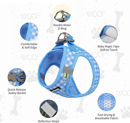 AIITLE Breathable Mesh Dog Vest Harness, No Pull Escape Proof Vest Harnesses with Reflective Bands, Adjustable Plaid Pet Outdoor Harnesses for Small and Medium Dogs Blue M