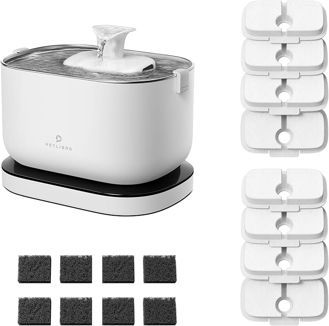 Cordless Pet Water Fountain Battery Operated + 8 Packs Replacement Filters for Dockstream Cat Water Fountain WF005 WF115 WF105, 4 Months Set of Replacement Filters