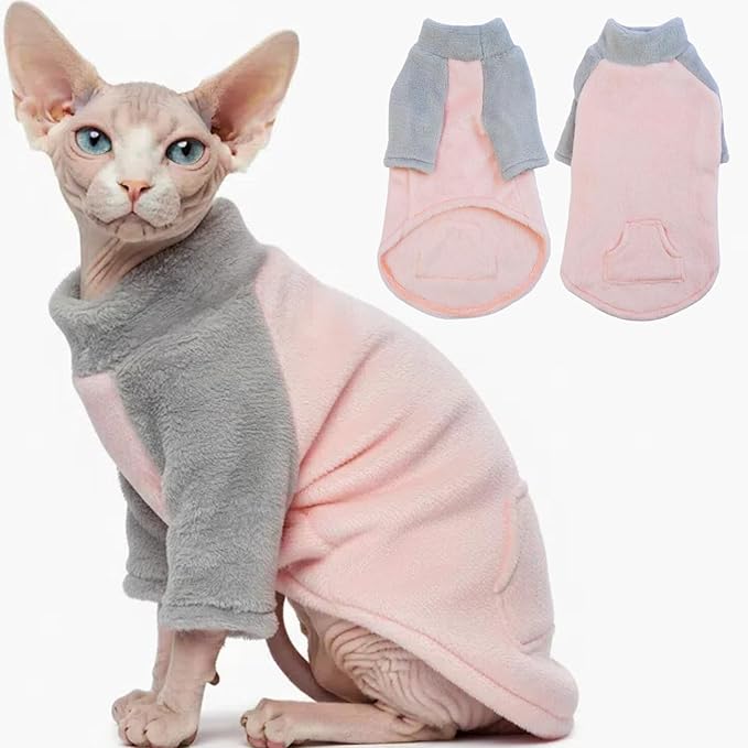 T'CHAQUE Sphynx Cat Clothes, Soft Fleece Winter Sweaters for Hairless Cats, Warm Pajama Jumpsuit with Sleeves and Hoodie, Cozy Pullover Outfit for Kittens