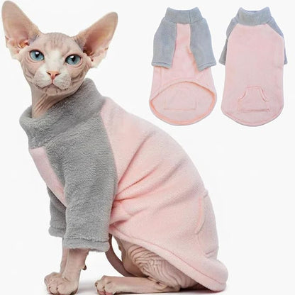 T'CHAQUE Sphynx Cat Clothes, Soft Fleece Winter Sweaters for Hairless Cats, Warm Pajama Jumpsuit with Sleeves and Hoodie, Cozy Pullover Outfit for Kittens