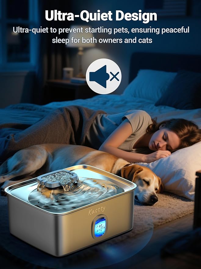 Kastty 4 Gal Dog Water Fountain for Large Dogs,15L Stainless Steel Dog Water Bowl Dispenser Triple Filtration,Ultra Quiet Automatic Pet Water Fountain with Water Level Window and LED Light(FS76)