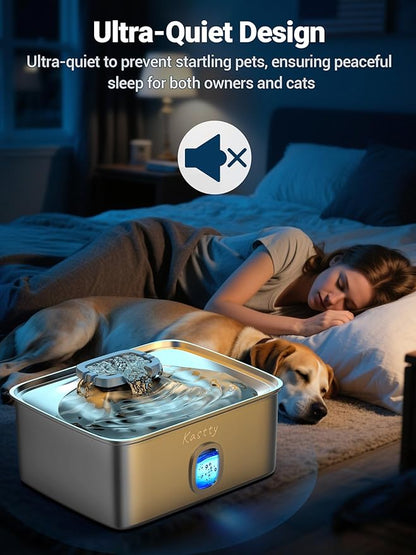 Kastty 4 Gal Dog Water Fountain for Large Dogs,15L Stainless Steel Dog Water Bowl Dispenser Triple Filtration,Ultra Quiet Automatic Pet Water Fountain with Water Level Window and LED Light(FS76)