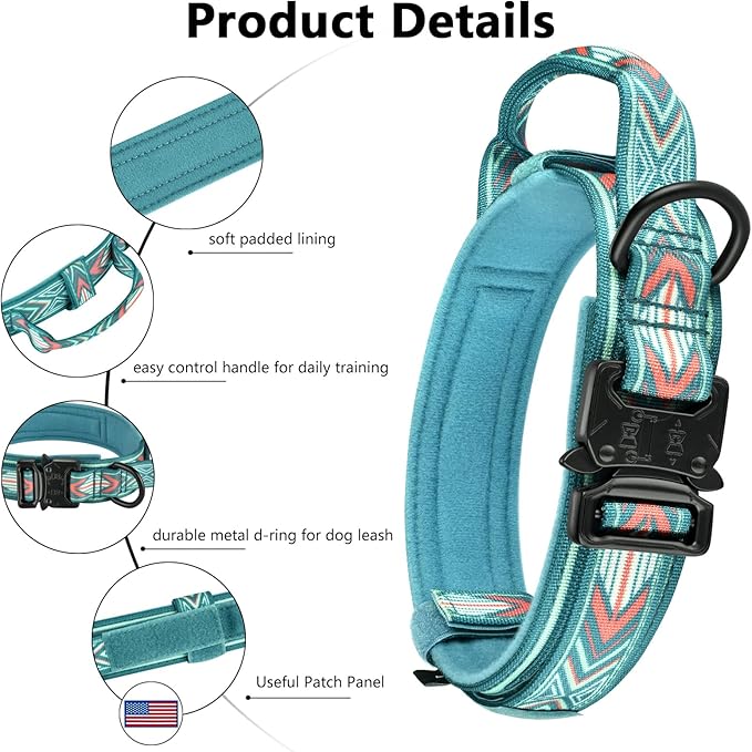 DAGANXI Tactical Dog Collar, Adjustable Military Training Nylon Dog Collar with Control Handle and Heavy Metal Buckle for Medium and Large Dogs, with Patches and Airtags Case (L, Green Arrow)