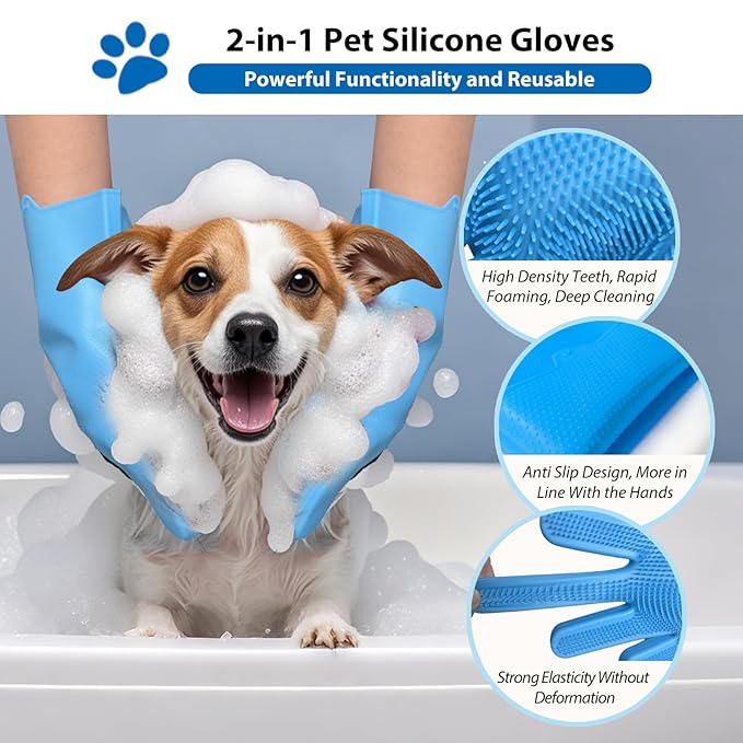 NVNAN Dog Shampoo Brush, Dog Bath Brush, and Dog Washing Gloves | Essential Dog Bath Supplies and Pet Grooming Gloves for Dogs and Cats (1 Pair, Blue)