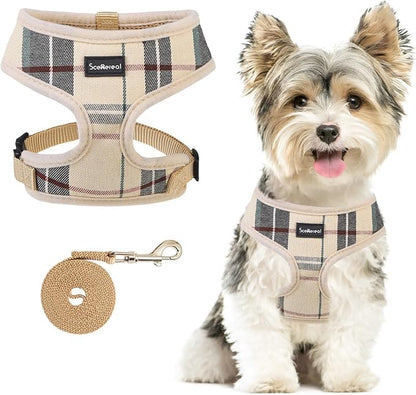 SCENEREAL Puppy Dog Harness with Leash Set for Small Medium Dogs, Soft Mesh Step in Pet Harnesses and Leash, No Chock Plaid Adjustable No Pull Vest