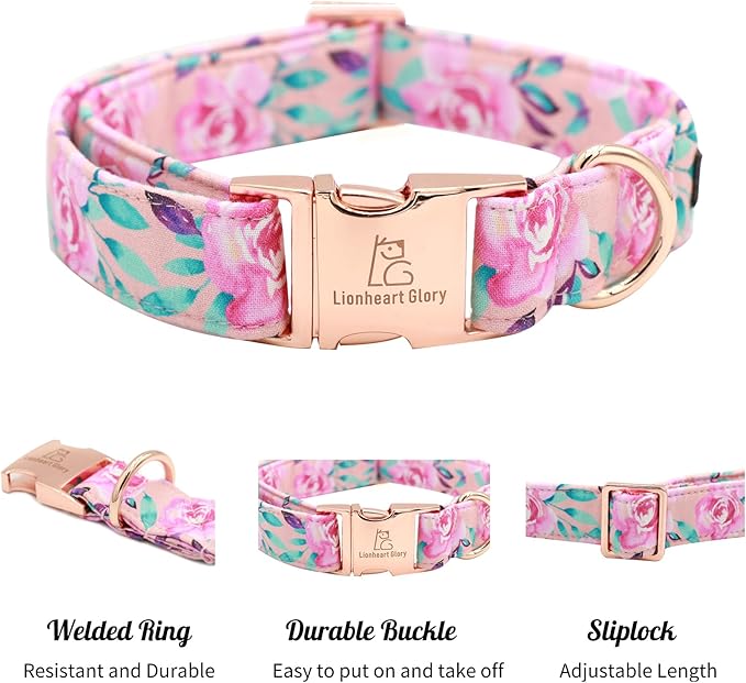 Lionheart glory Floral Rose Print Dog Collar Cute Dog Collars Spring Adjustable Soft Dog Collar Girl Pet Collars for X-Small Small Medium Large Dogs