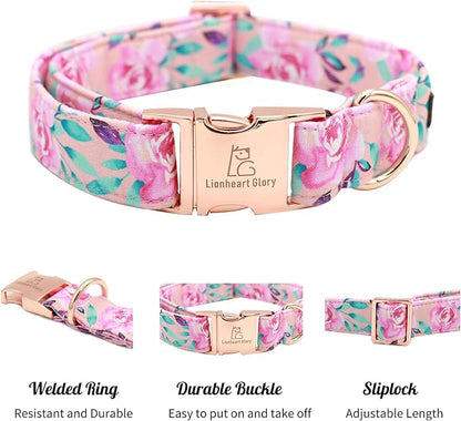 Lionheart glory Floral Rose Print Dog Collar Cute Dog Collars Spring Adjustable Soft Dog Collar Girl Pet Collars for X-Small Small Medium Large Dogs