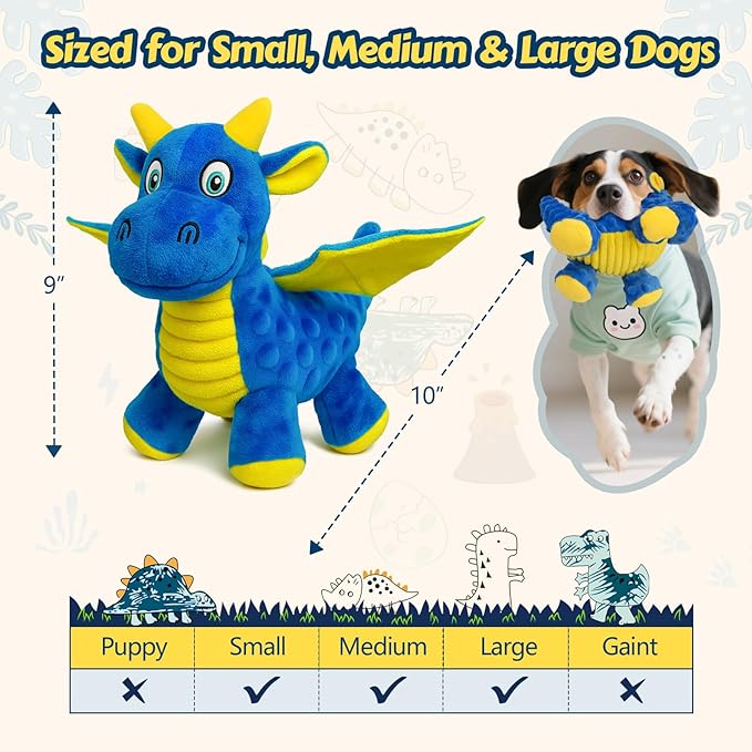 BBeary Squeaky Dog Toys - Soft Plush Dragon Dog Toy with 5 Squeakers & Crinkle Paper, Dog Toys for Small, Medium and Large Dogs (Blue,10")