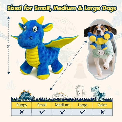 BBeary Squeaky Dog Toys - Soft Plush Dragon Dog Toy with 5 Squeakers & Crinkle Paper, Dog Toys for Small, Medium and Large Dogs (Blue,10")