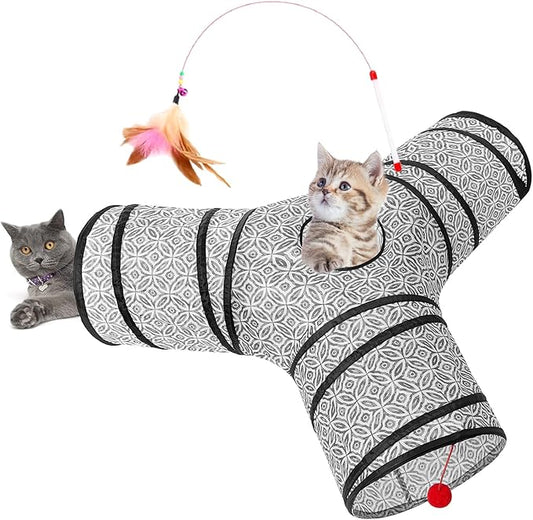 Tempcore 3 Way Collapsible Cat Tunnel for Indoor Cats, Pet Tunnel Bored Toys with Peek Hole & Ball for Puppy, Kitty, Kitten, Rabbit, Grey-Coin