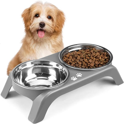 Elevated Dog Bowls for Small Dogs, 3” High Raised Dog Bowl Stand with Dual 5” Stainless Steel Bowls Non-Slip Pet Feeder for Puppy and Cats, Dishwasher Safe, Grey