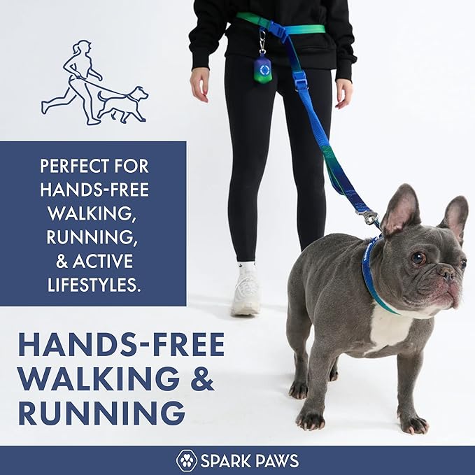 Spark Paws Handsfree Dog Leash – Shock Absorbing Waist Bungee Lead with 2 Padded Handles, Car Seatbelt Clip & Poop Bag Set, Heavy Duty Tactical Lead for Medium, Large & X-Large Breeds - Lime Wave