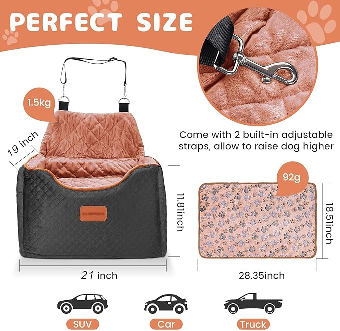 AlfaTok Memory Foam Booster Dog Car Seat with Washable Removable Cover, Elevated Pet Car Seat, Anti-Slip Sturdy Booster Seats for Small Dogs 35lbs, Seat Belt, Storage Pocket, Dog Blankets