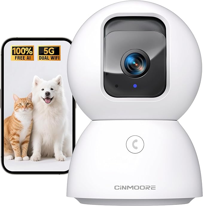 CINMOORE Upgraded 3K Security Camera Indoor, Free Time Lapse, AI Tracking & Face ID, PTZ 5G WiFi Dog/Pet/Baby Monitor Cameras for Home Security, Color Night Vision, Full Duplex 2-Way Talk