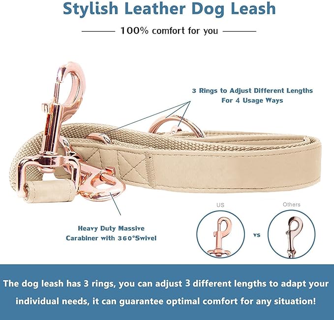 Soft Leather Dog Collar and Leash (6.6') Set - Stylish Rose Gold Heavy Duty Metal Buckle, 4 Adjustable Lengths Leash for Small Medium Large Dogs - Comfortable & Easy to Clean Beige L(15.4"-24.8")