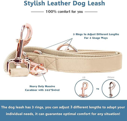 Soft Leather Dog Collar and Leash (6.6') Set - Stylish Rose Gold Heavy Duty Metal Buckle, 4 Adjustable Lengths Leash for Small Medium Large Dogs - Comfortable & Easy to Clean Beige L(15.4"-24.8")