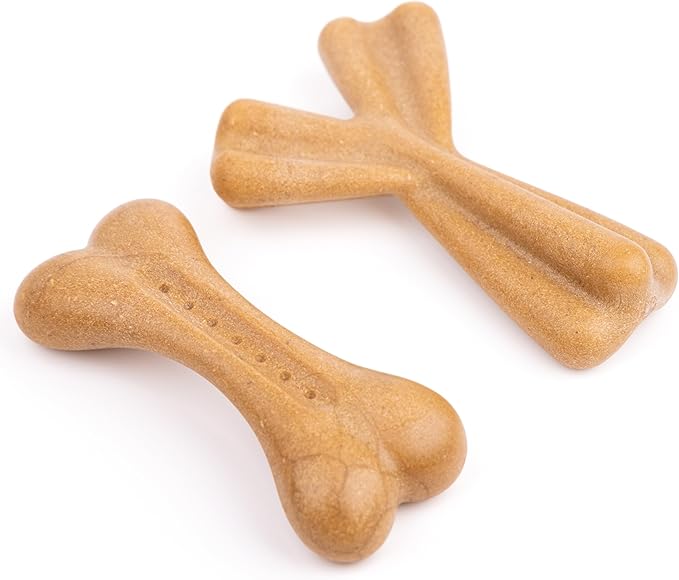 Fuzzl Puppy & Small Dog Chew Toy Tasty Bacon Flavour Twin Pack - Bone and Wishbone - Soft and Durable Chew Toys for Puppies and Small Dogs