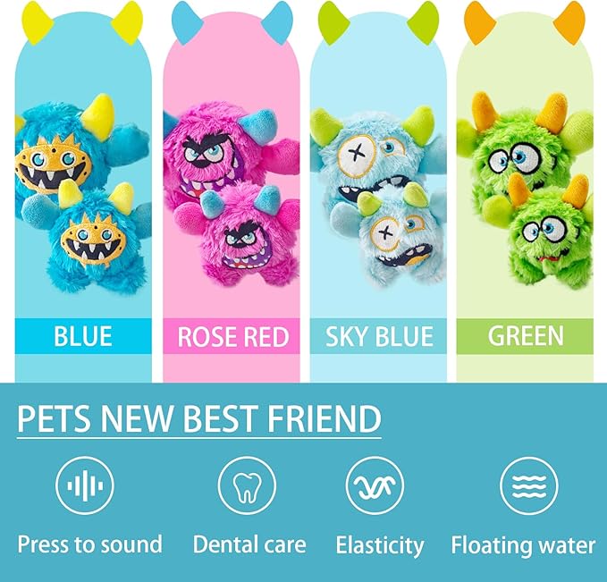 FCCUM Plush Squeaky Dog Ball, Little Monster Puppy Toys Suitable for All Breeds, Chew Guard, Floating Water and Durable Interactive, Round and Soft (Blue, Large)