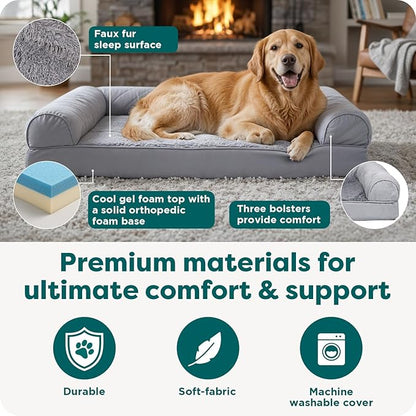 FurHaven Orthopedic Dog Bed for Large Dogs, Sofa-Style with Cool Gel-Top Foam with a Solid Orthopedic Foam Base for Joint Support, Removable Washable Cover, Jumbo XL, Plush & Suede, Gray