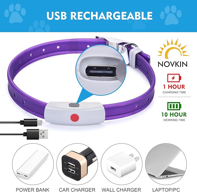 Lighted Dog Collar, Rechargeable Light Up Pet Collar, Waterproof LED Dog Collar Glow in The Dark, Make Pet Visible and Safety for Night Walking for Small Medium Large Dogs (Purple)