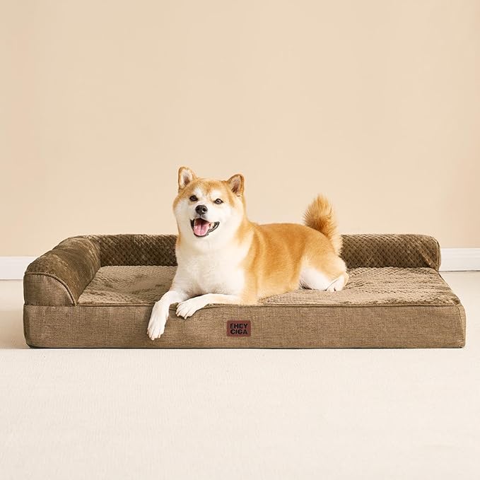 EHEYCIGA Large Dog Bed Memory Foam for Crate, Orthopedic Dog Bed Large Size Dogs with Washable Removable Cover, Waterproof Pet Sofa Couch with Nonskid Bottom, 35x22x6, Camel