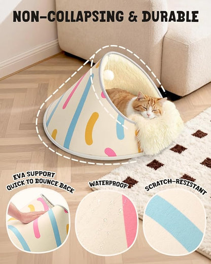 BurgeonNest 20-Inch Round Cat Bed Cave, Enclosed Hooded Pet Bed for Indoor Cats, Cozy Anti-Collapse Cave with Soft Plush, Waterproof EVA Shell, Fully Washable, Shape Retention, Beige