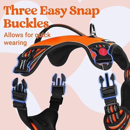 rabbitgoo Dog Harness for Large Dogs, No Pull Pet Harness with Soft Padded Handle, Adjustable Reflective Vest with 3 Buckles, Easy Walking Harness with 2 Leash Clips, Orange, L