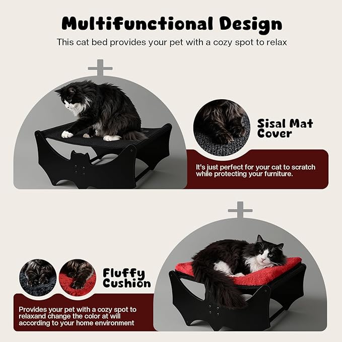 Gothic Cat Bed with Bat Design, Wooden Elevated Cat Beds with Sisal Scratching Mat, Cats Scratcher Bed with Removable Fluffy Cushion, Raised Pet Bed for Large Cats, 22" L x 17.7" W, Black