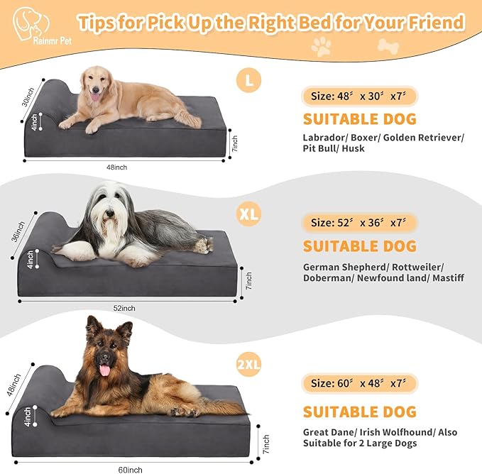 Rainmr Orthopedic Dog Beds for Large Dogs, 7" Memory Foam Dog Beds with Waterproof Liner, Durable Microsuede Cover, Removable and Washable, Nonskid Bottom, 60"x48"x7" XXL Grey
