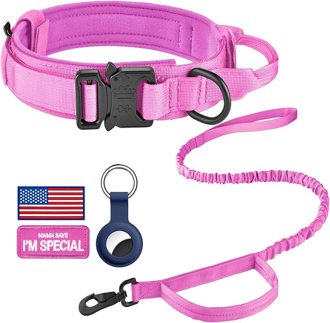 DAGANXI Tactical Dog Collar, Adjustable Military Training Nylon Dog Collar with Control Handle and Heavy Metal Buckle for Medium and Large Dogs, with Patches and Airtags Case (XL, Pink-Set)