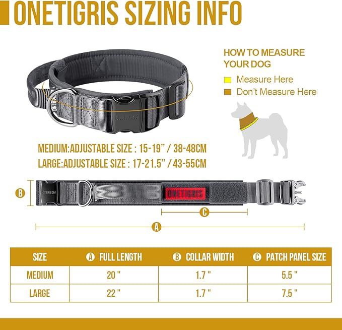 OneTigris Tough Dog Collars, Tactical Dog Collar with Handle, Milltary Adjustable Dog Collar with Heavy Duty Metal Buckle for Training (Medium,Gray)