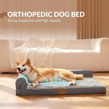 Patas Lague Orthopedic XL Dog Bed Large Sized Dog 48''X30'', Waterproof L Bolster Big Large Pet Sofa Beds with Removable Washable Cover, Soft Comfortable Pet Couch Crate Mat with Nonskid Bottom, Grey