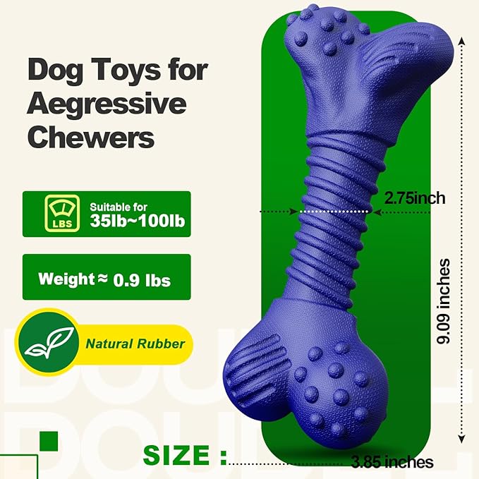 Doudele Dog Toys for Aggressive Chewers, Indestructible Chew Toys for Medium Large Dogs,Durable Rubber Dog Bones with Beef Flavor, Tough Dental Toy for Boredom Relief (Blue)