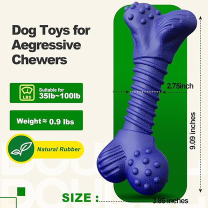 Doudele Dog Toys for Aggressive Chewers, Indestructible Chew Toys for Medium Large Dogs,Durable Rubber Dog Bones with Beef Flavor, Tough Dental Toy for Boredom Relief (Blue)