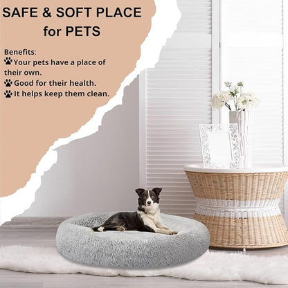 SAVFOX Plush Calming Donut Dog Beds for Small Dogs, Medium, Large & X-Large Breeds, Comfy Cuddler Dog Bed and Cat Bed in Faux Fur, Washable, Multiple Sizes S-XXL