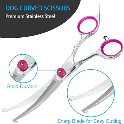 5 in 1 Premium Dog Grooming Scissors, Professional Dog Scissors for Grooming with Safety Round Tips, Lengnoyp Stainless Steel Thinning Shears, Pet Cat Shears for Grooming Kit, Pink