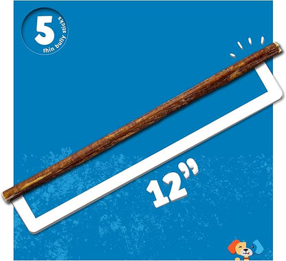 Jack&Pup 12 Inch Thin Bully Sticks for Small Dogs (5 Pack) Natural Dog Chews, Bully Sticks for Puppies, Senior Dogs